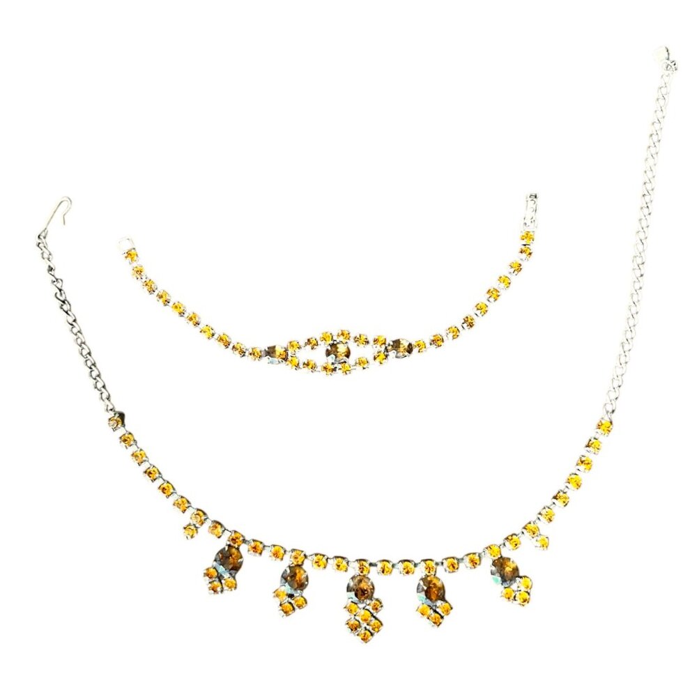 Silver & Yellow and amber colored Rhinestone 16” Necklace & Bracelet Set Adjusta - Picture 3 of 15